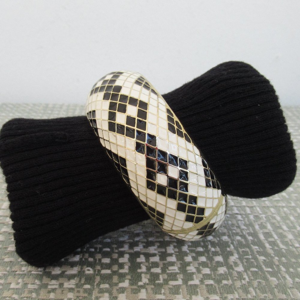 Vintage Estate Snake Print Enamel Gold Tone Bangle Hinged size M/L